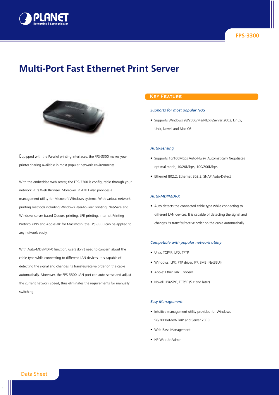 Planet Technology FPS-3300 User Manual | 2 pages