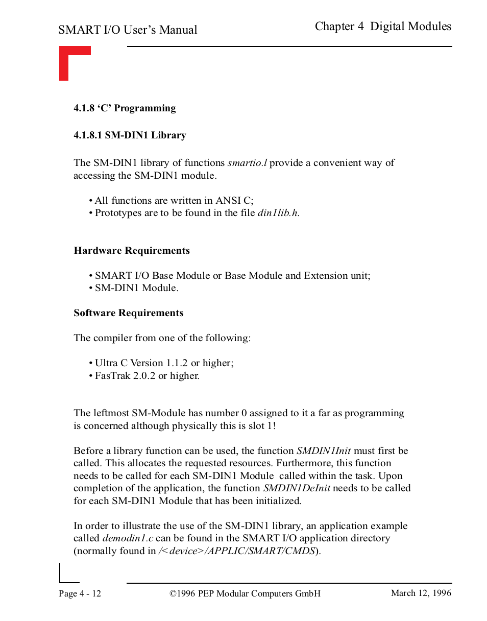 8 ‘c’ programming, 1 sm-din1 library, Smart i/o user’s manual | Chapter 4 digital modules | Pepper Computer Modular Computers RS485 User Manual | Page 100 / 320