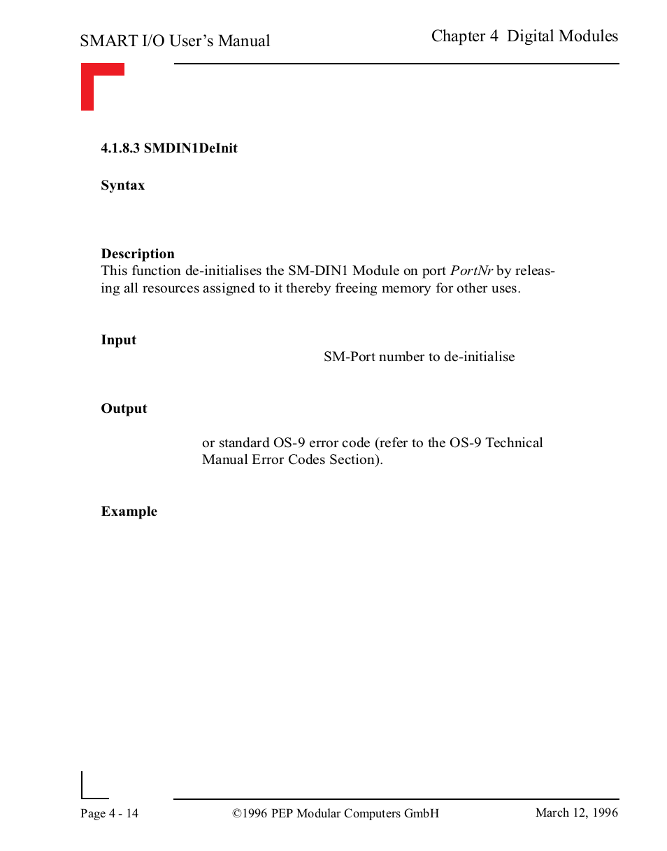 3 smdin1deinit, Smart i/o user’s manual, Chapter 4 digital modules | Pepper Computer Modular Computers RS485 User Manual | Page 102 / 320
