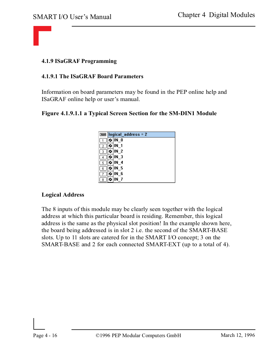 9 isagraf programming, 1 the isagraf board parameters, Smart i/o user’s manual | Chapter 4 digital modules | Pepper Computer Modular Computers RS485 User Manual | Page 104 / 320