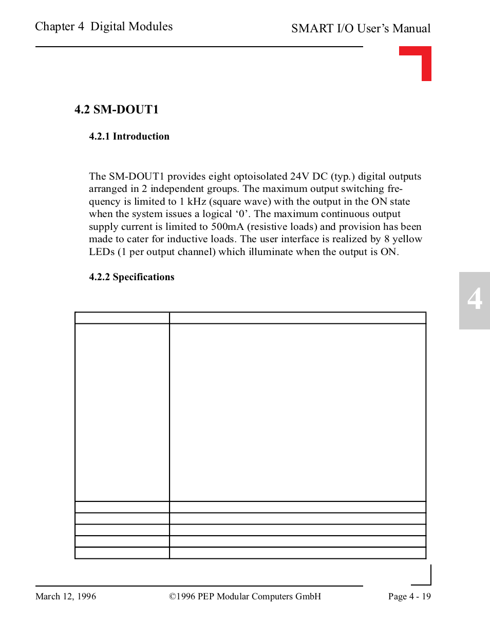 2 sm-dout1, 1 introduction, 2 specifications | Smart i/o user’s manual, Chapter 4 digital modules | Pepper Computer Modular Computers RS485 User Manual | Page 107 / 320