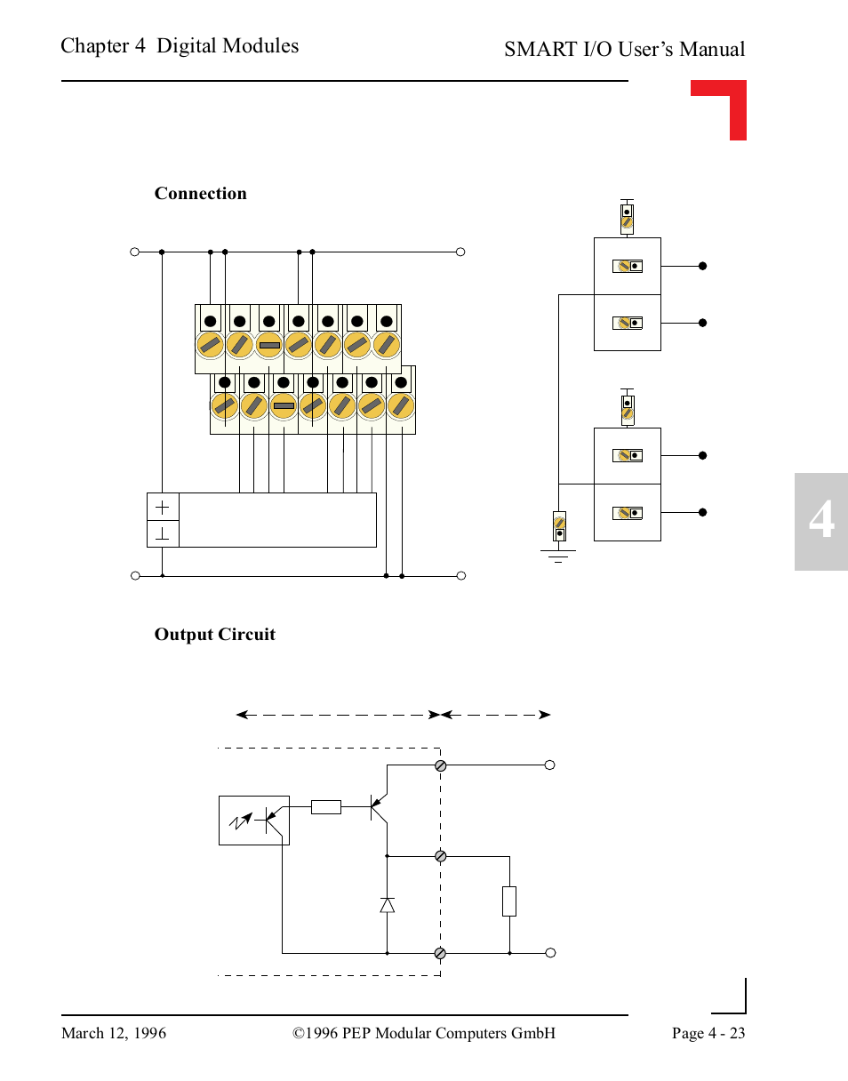 Smart i/o user’s manual, Chapter 4 digital modules, Digital actuators | Connection output circuit | Pepper Computer Modular Computers RS485 User Manual | Page 111 / 320