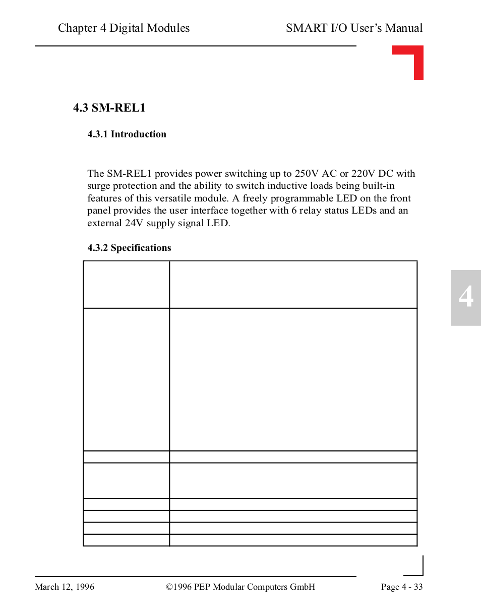 3 sm-rel1, 1 introduction, 2 specifications | Smart i/o user’s manual chapter 4 digital modules | Pepper Computer Modular Computers RS485 User Manual | Page 121 / 320