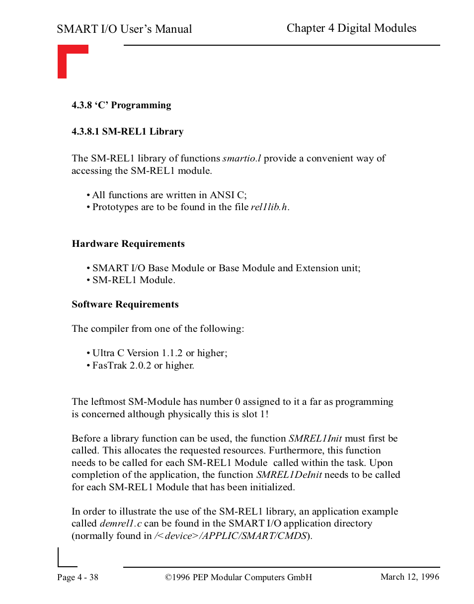 8 ‘c’ programming, 1 sm-rel1 library, Smart i/o user’s manual | Chapter 4 digital modules | Pepper Computer Modular Computers RS485 User Manual | Page 126 / 320