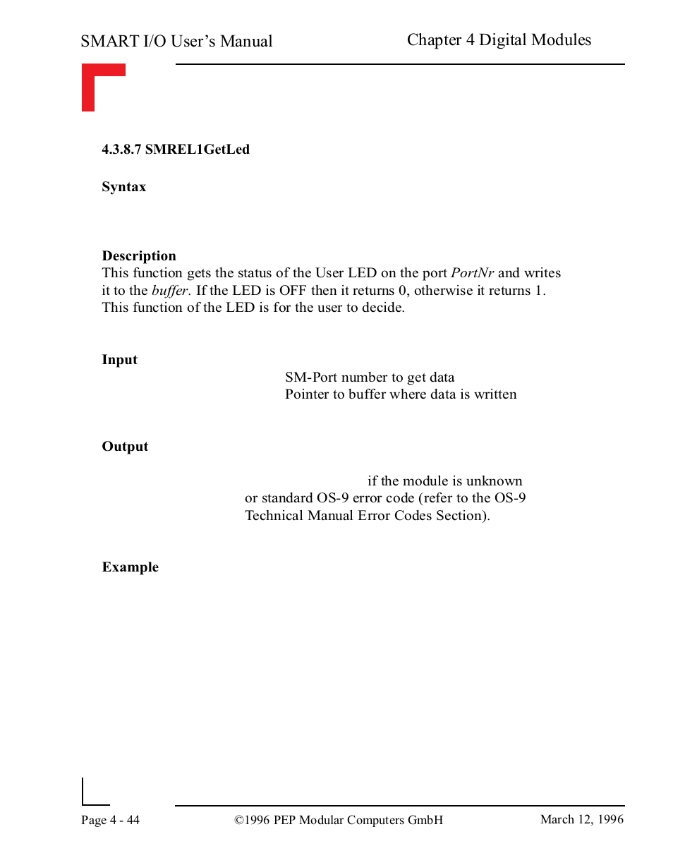 7 smrel1getled, Smart i/o user’s manual, Chapter 4 digital modules | Pepper Computer Modular Computers RS485 User Manual | Page 132 / 320