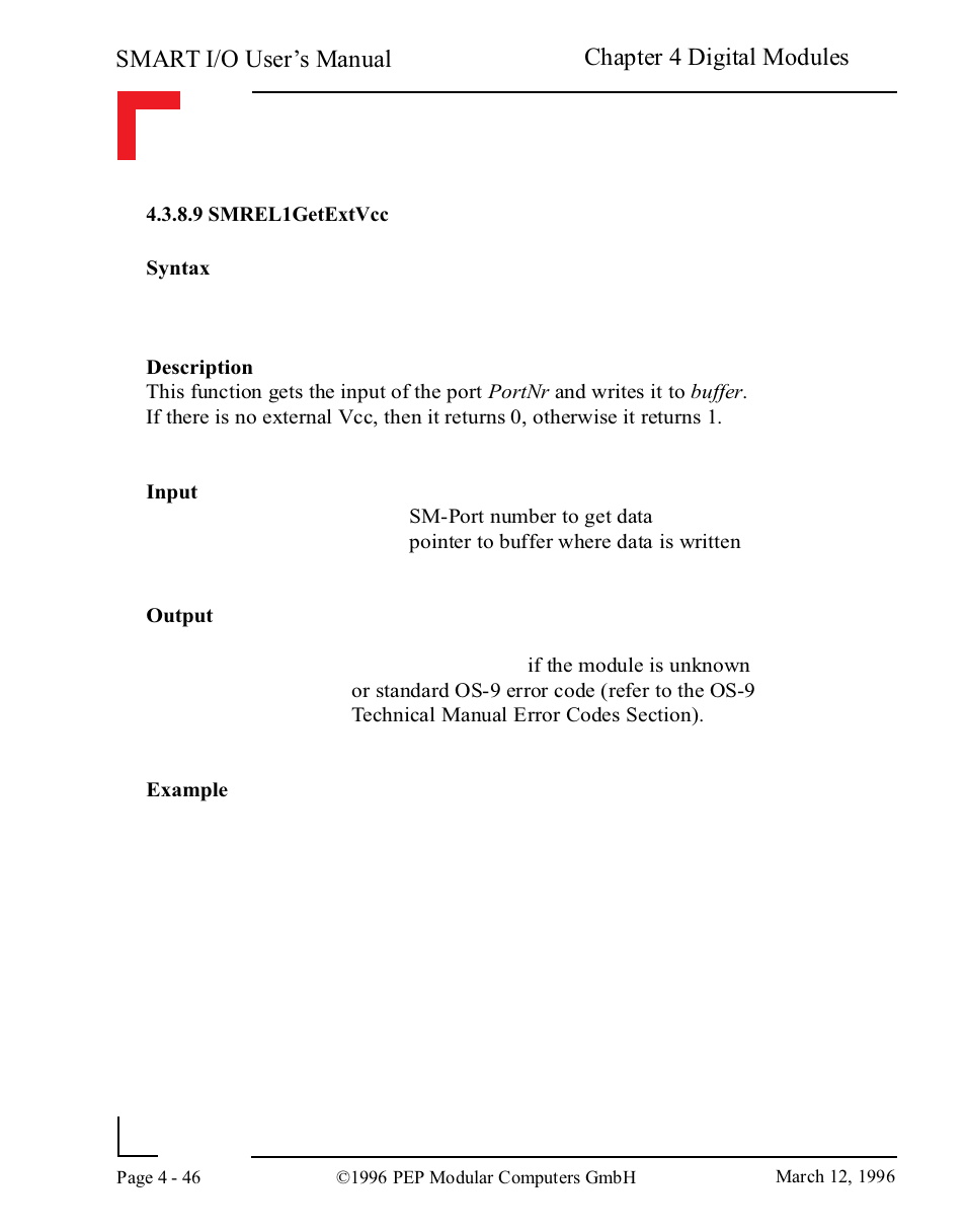 9 smrel1getextvcc, Smart i/o user’s manual, Chapter 4 digital modules | Pepper Computer Modular Computers RS485 User Manual | Page 134 / 320