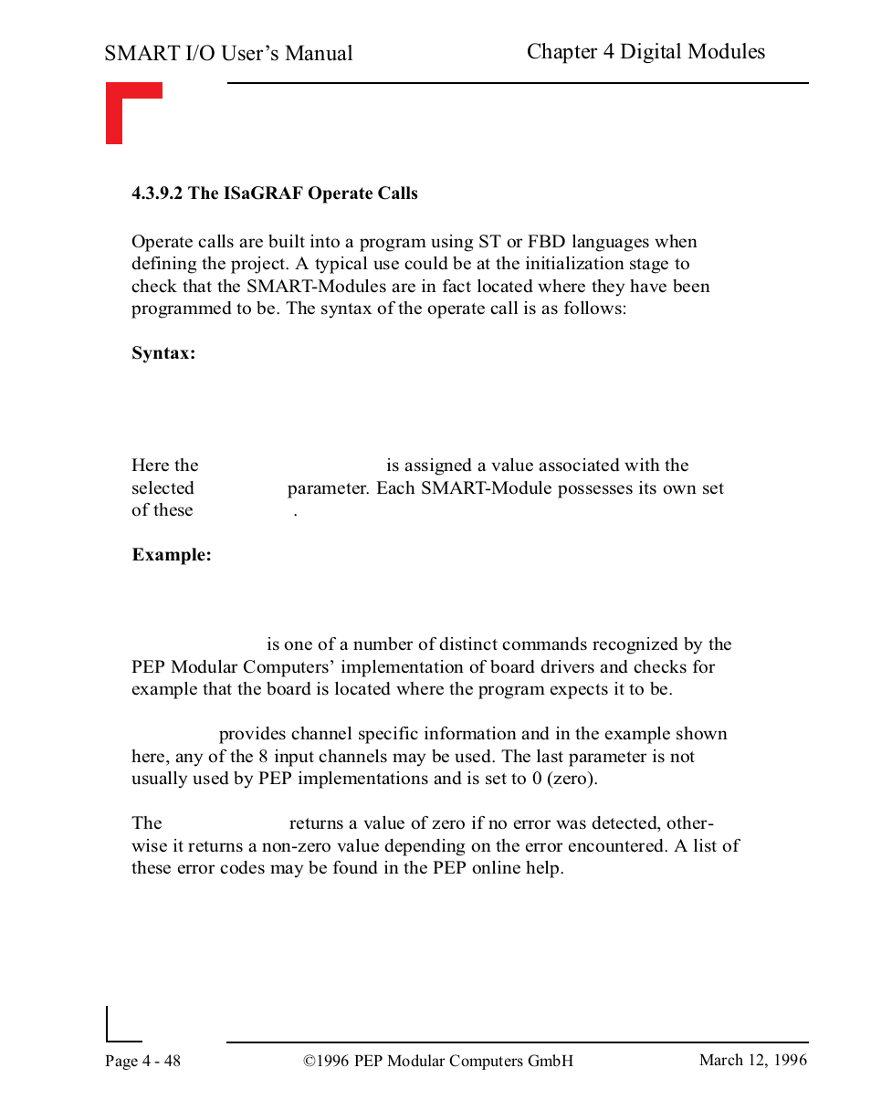 2 the isagraf operate calls, Smart i/o user’s manual, Chapter 4 digital modules | Pepper Computer Modular Computers RS485 User Manual | Page 136 / 320