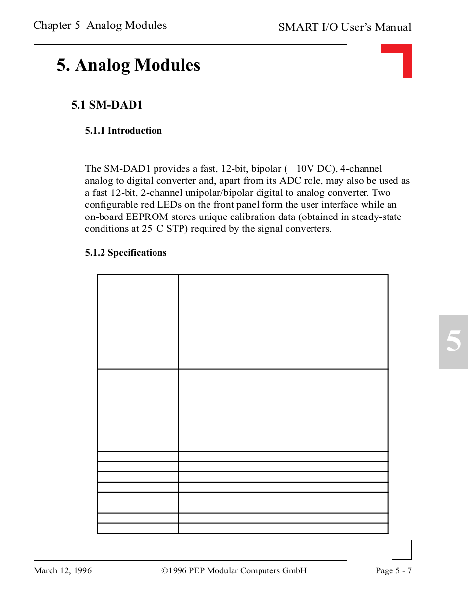 Analog modules, 1 sm-dad1, 1 introduction | 2 specifications, Analog modules -7, 1 sm-dad1 -7, 1 introduction -7, 2 specifications -7, Smart i/o user’s manual, Chapter 5 analog modules | Pepper Computer Modular Computers RS485 User Manual | Page 163 / 320