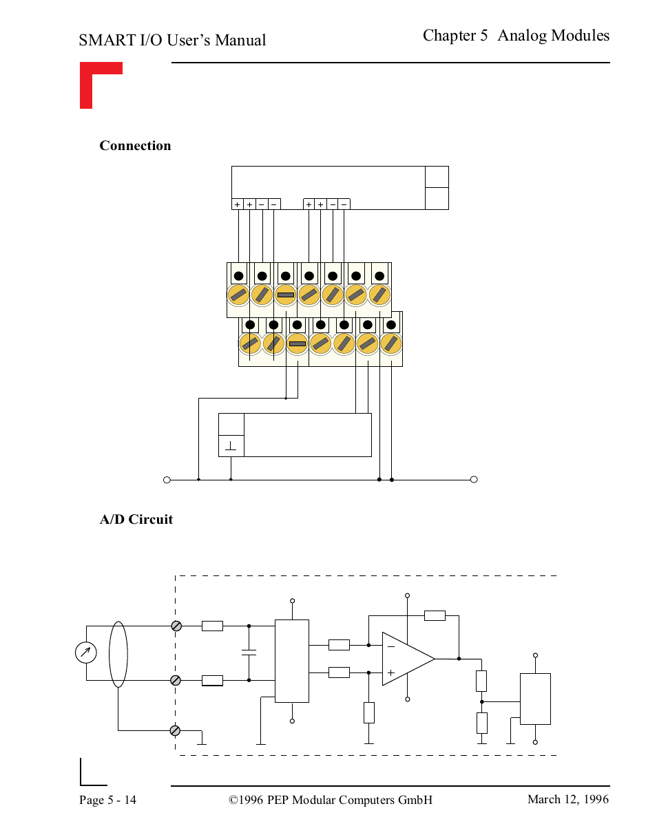 Smart i/o user’s manual, Chapter 5 analog modules, Analog actuators analog sensors | Connection, A/d circuit | Pepper Computer Modular Computers RS485 User Manual | Page 170 / 320