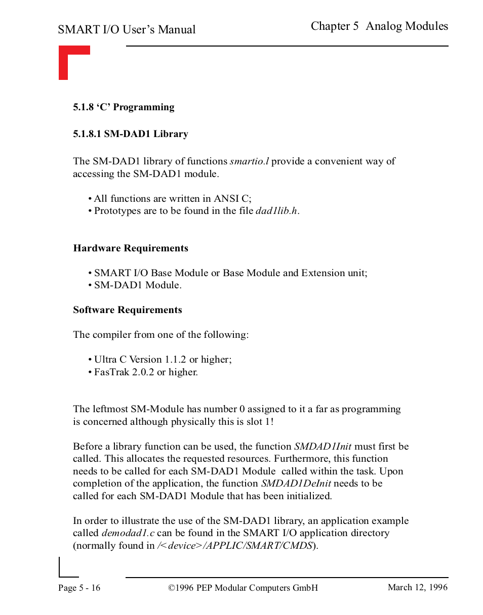 8 ‘c’ programming, 1 sm-dad1 library, 8 ‘c’ programming -16 | 1 sm-dad1 library -16, Smart i/o user’s manual, Chapter 5 analog modules | Pepper Computer Modular Computers RS485 User Manual | Page 172 / 320