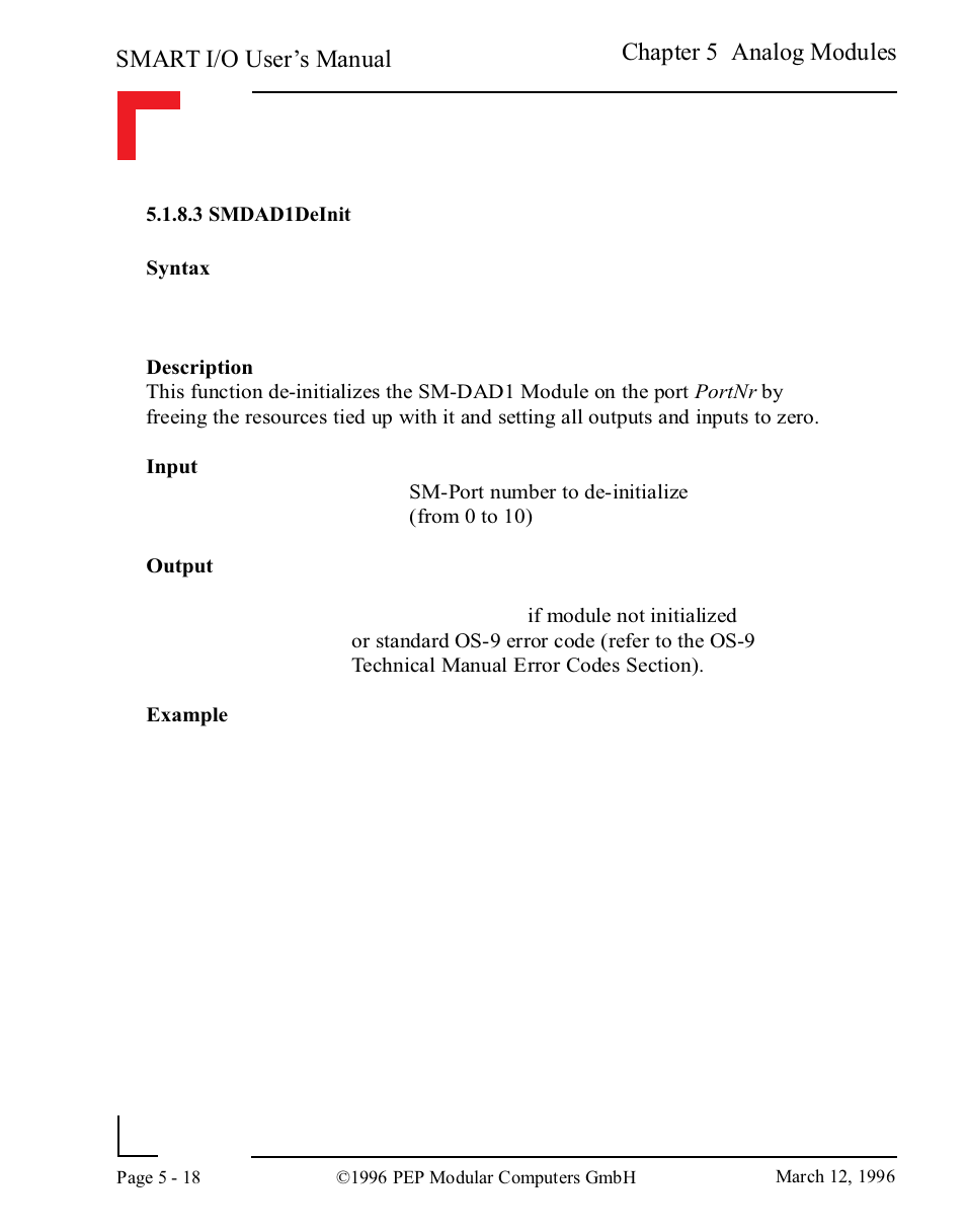 3 smdad1deinit, 3 smdad1deinit -18, Smart i/o user’s manual | Chapter 5 analog modules | Pepper Computer Modular Computers RS485 User Manual | Page 174 / 320