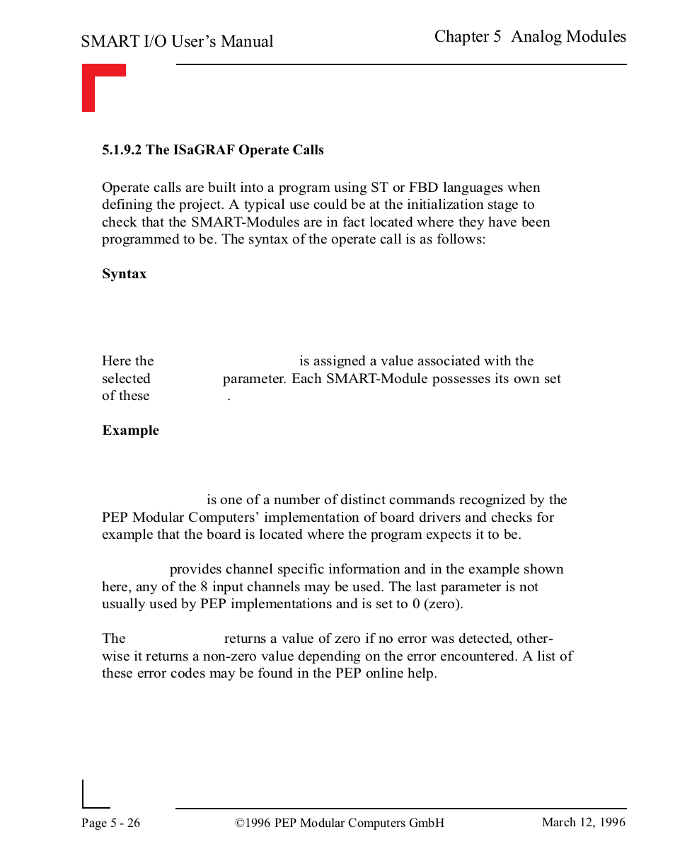 2 the isagraf operate calls, 2 the isagraf operate calls -26, Smart i/o user’s manual | Chapter 5 analog modules | Pepper Computer Modular Computers RS485 User Manual | Page 182 / 320