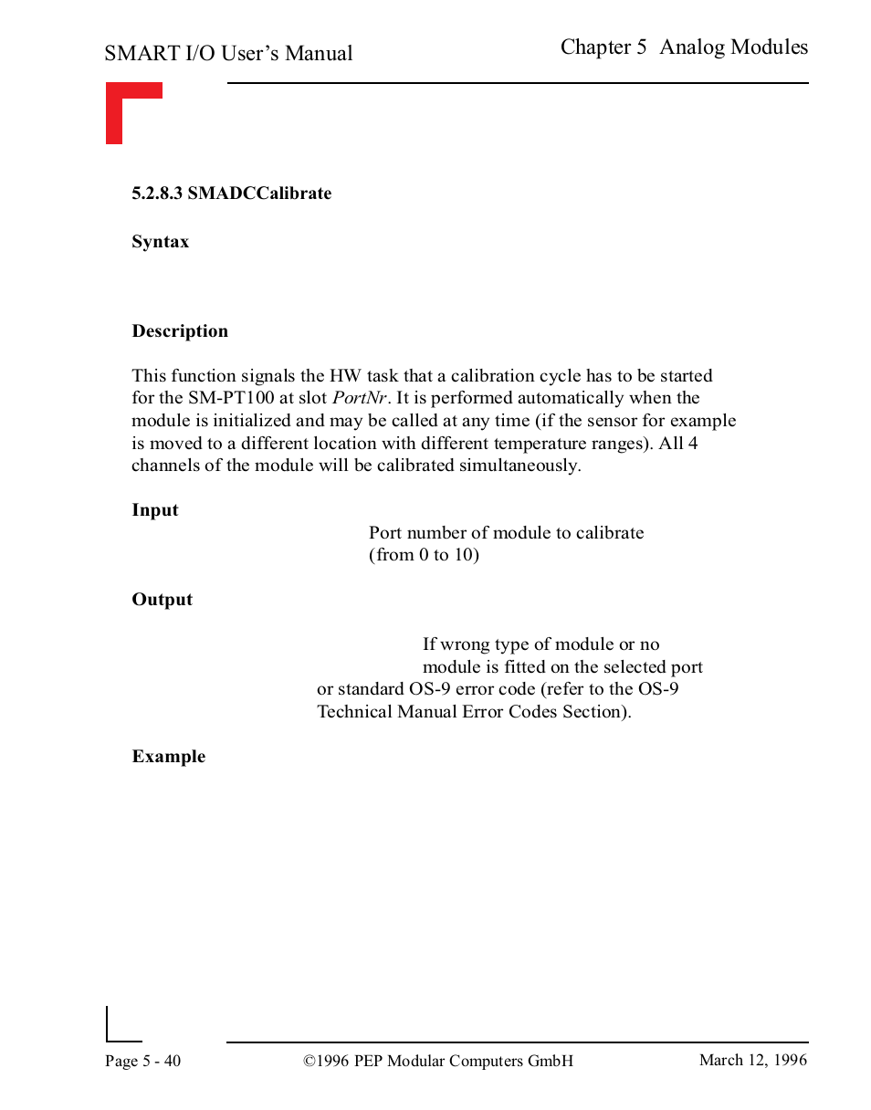 3 smadccalibrate, 3 smadccalibrate -40, Smart i/o user’s manual | Chapter 5 analog modules | Pepper Computer Modular Computers RS485 User Manual | Page 196 / 320