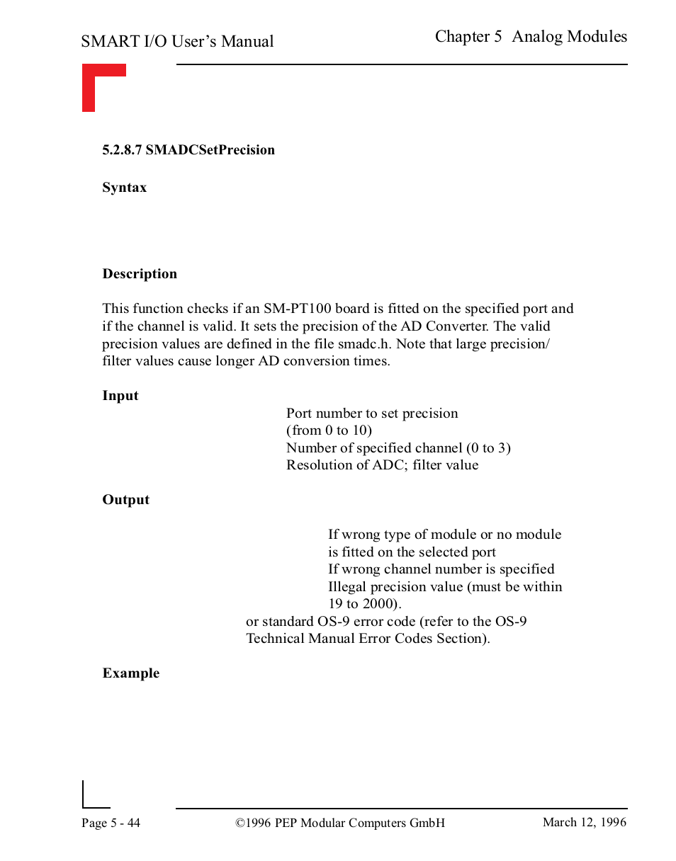 7 smadcsetprecision, 7 smadcsetprecision -44, Smart i/o user’s manual | Chapter 5 analog modules | Pepper Computer Modular Computers RS485 User Manual | Page 200 / 320