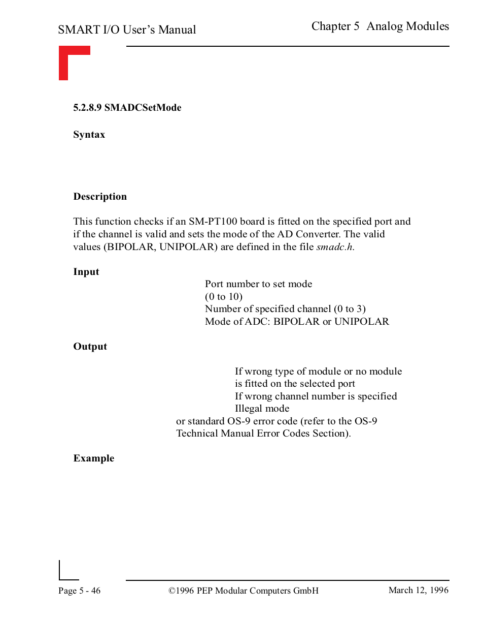 9 smadcsetmode, 9 smadcsetmode -46, Smart i/o user’s manual | Chapter 5 analog modules | Pepper Computer Modular Computers RS485 User Manual | Page 202 / 320