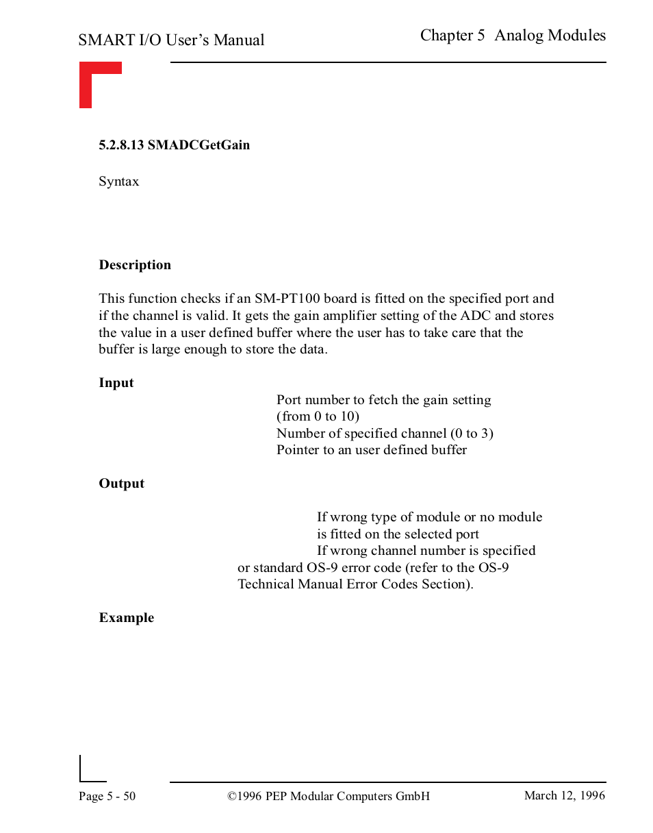 13 smadcgetgain, 13 smadcgetgain -50, Smart i/o user’s manual | Chapter 5 analog modules | Pepper Computer Modular Computers RS485 User Manual | Page 206 / 320