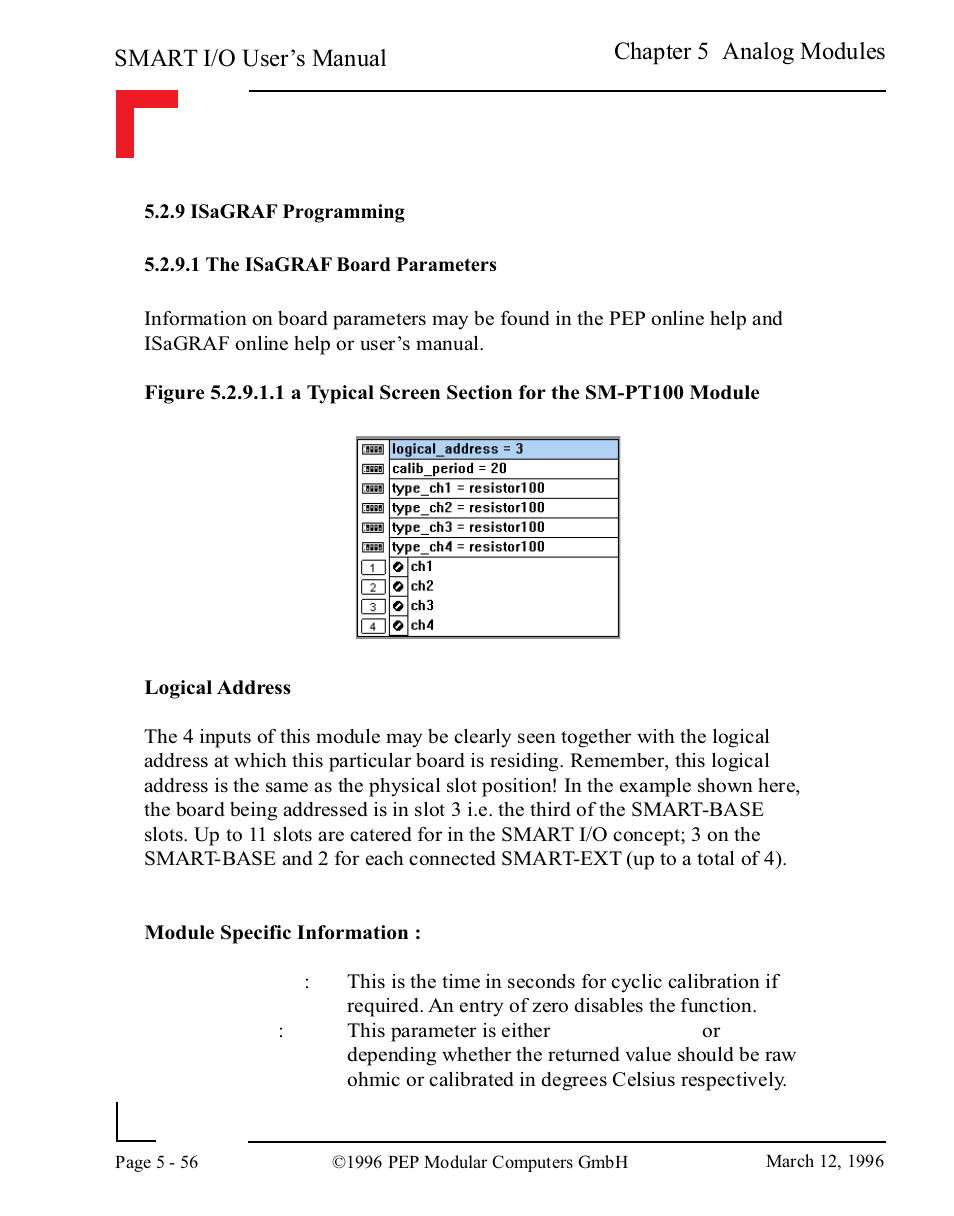 9 isagraf programming, 1 the isagraf board parameters, 9 isagraf programming -56 | 1 the isagraf board parameters -56, Smart i/o user’s manual, Chapter 5 analog modules | Pepper Computer Modular Computers RS485 User Manual | Page 212 / 320