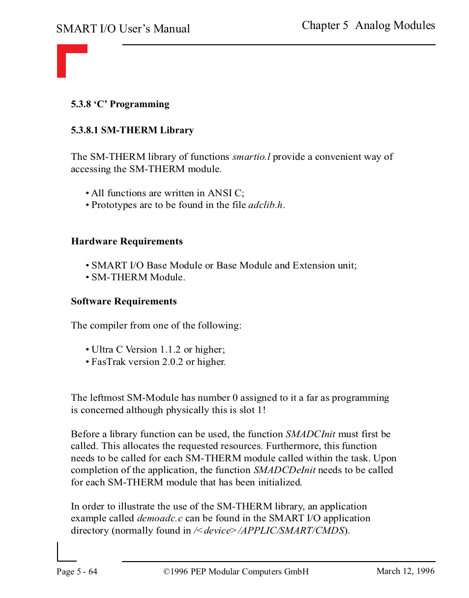 8 ‘c’ programming, 1 sm-therm library, 8 ‘c’ programming -64 | 1 sm-therm library -64, Smart i/o user’s manual, Chapter 5 analog modules | Pepper Computer Modular Computers RS485 User Manual | Page 220 / 320