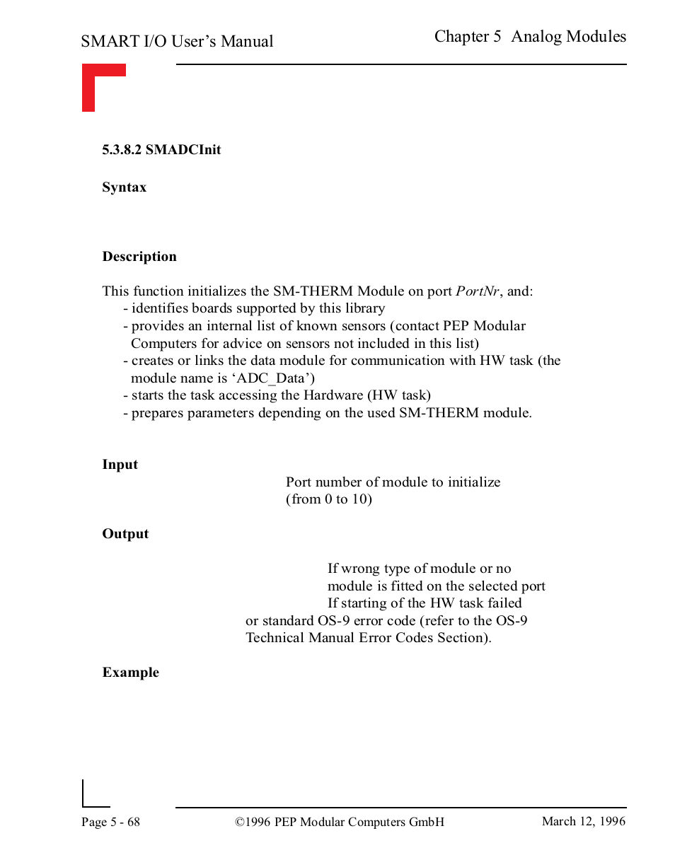 2 smadcinit, 2 smadcinit -68, Smart i/o user’s manual | Chapter 5 analog modules | Pepper Computer Modular Computers RS485 User Manual | Page 224 / 320