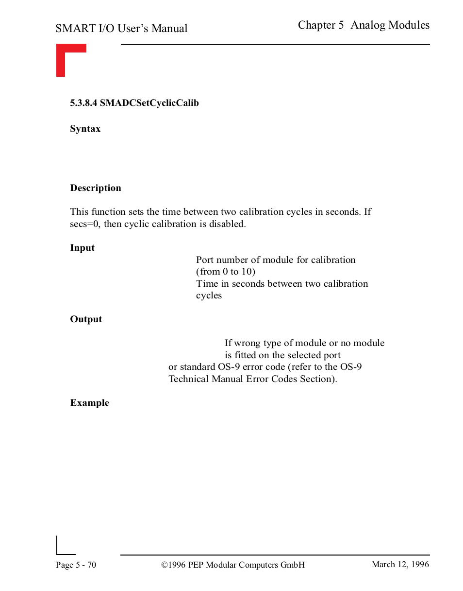 4 smadcsetcycliccalib, 4 smadcsetcycliccalib -70, Smart i/o user’s manual | Chapter 5 analog modules | Pepper Computer Modular Computers RS485 User Manual | Page 226 / 320