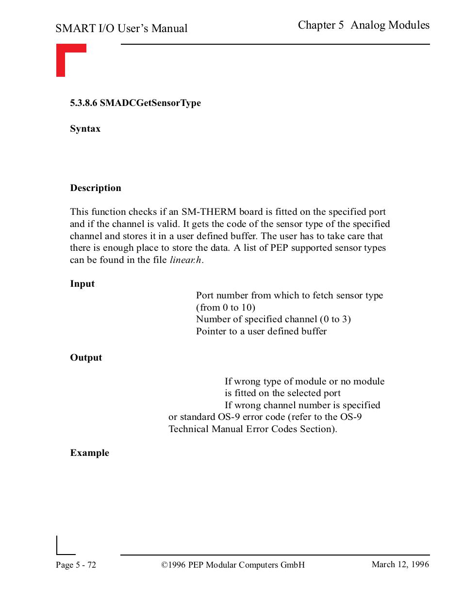 6 smadcgetsensortype, 6 smadcgetsensortype -72, Smart i/o user’s manual | Chapter 5 analog modules | Pepper Computer Modular Computers RS485 User Manual | Page 228 / 320