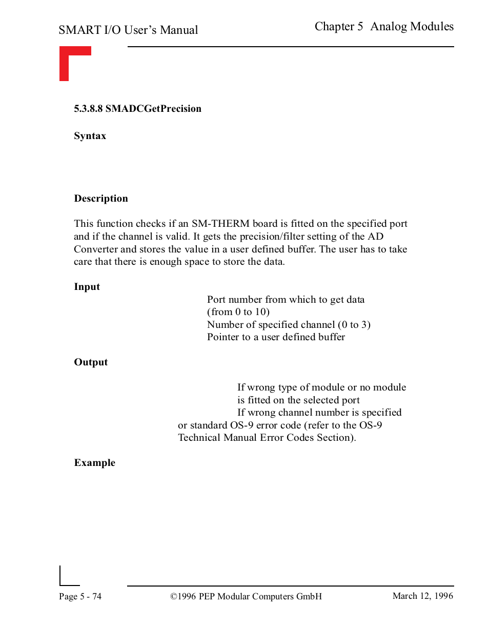 8 smadcgetprecision, 8 smadcgetprecision -74, Smart i/o user’s manual | Chapter 5 analog modules | Pepper Computer Modular Computers RS485 User Manual | Page 230 / 320