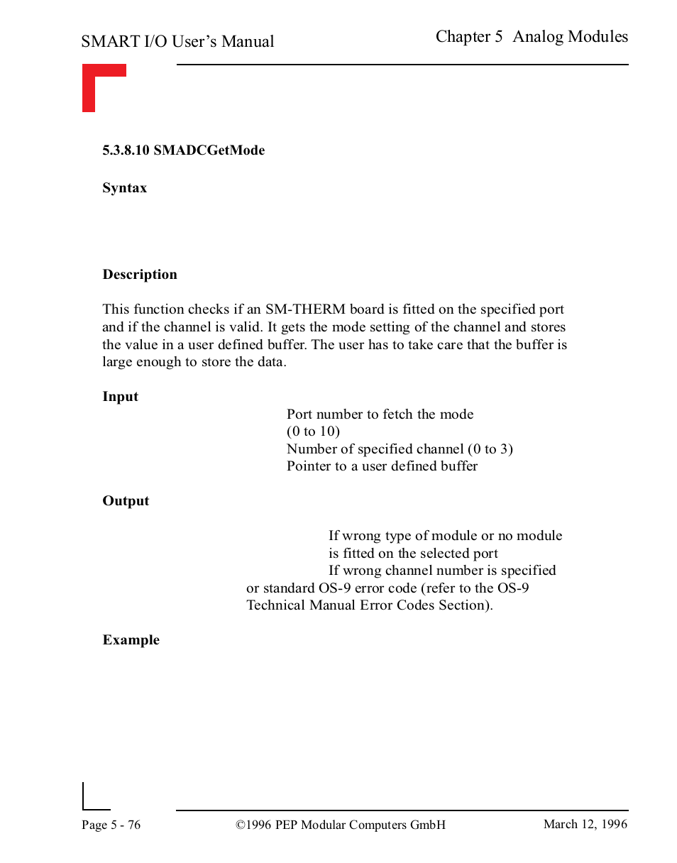 10 smadcgetmode, 10 smadcgetmode -76, Smart i/o user’s manual | Chapter 5 analog modules | Pepper Computer Modular Computers RS485 User Manual | Page 232 / 320