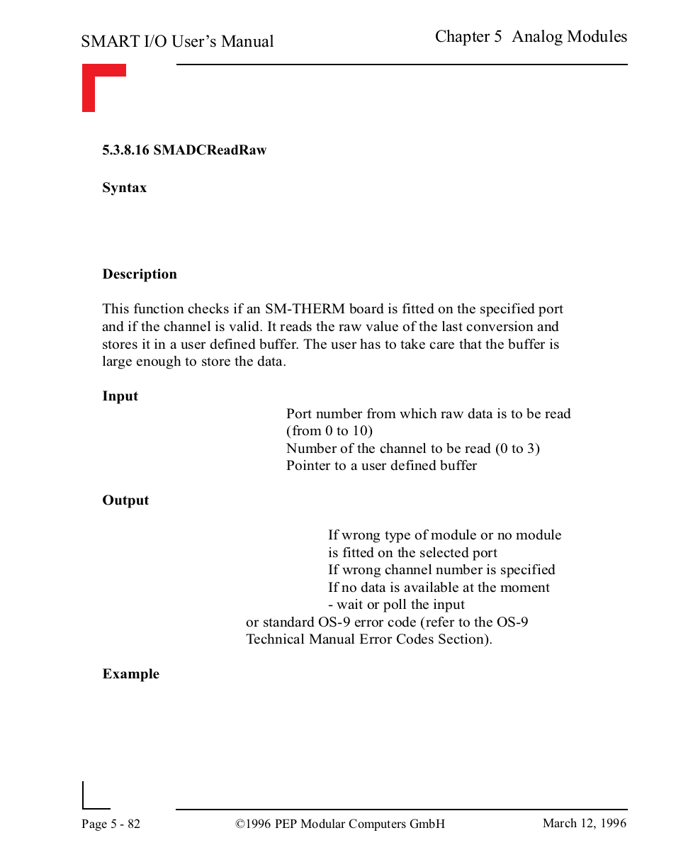 16 smadcreadraw, 16 smadcreadraw -82, Smart i/o user’s manual | Chapter 5 analog modules | Pepper Computer Modular Computers RS485 User Manual | Page 238 / 320