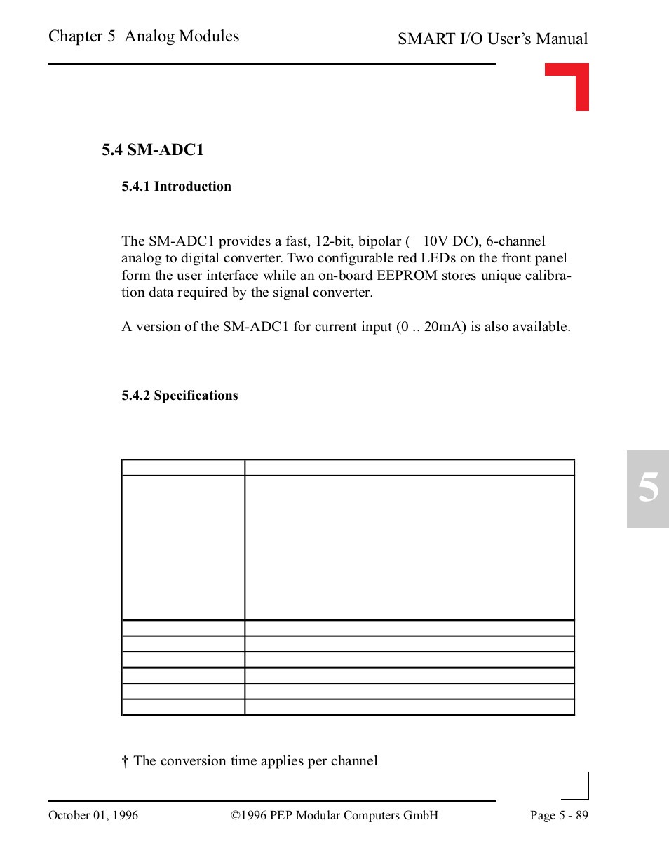 4 sm-adc1, 1 introduction, 2 specifications | 4 sm-adc1 -89, 1 introduction -89, 2 specifications -89, Smart i/o user’s manual, Chapter 5 analog modules 5.4 sm-adc1 | Pepper Computer Modular Computers RS485 User Manual | Page 245 / 320