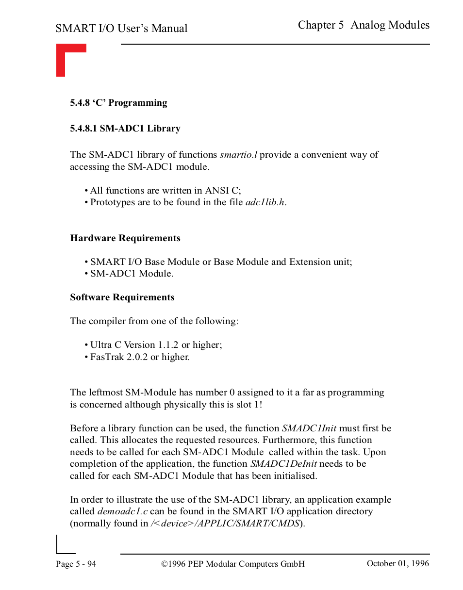 8 ‘c’ programming, 1 sm-adc1 library, 8 ‘c’ programming -94 | 1 sm-adc1 library -94, Smart i/o user’s manual, Chapter 5 analog modules | Pepper Computer Modular Computers RS485 User Manual | Page 250 / 320