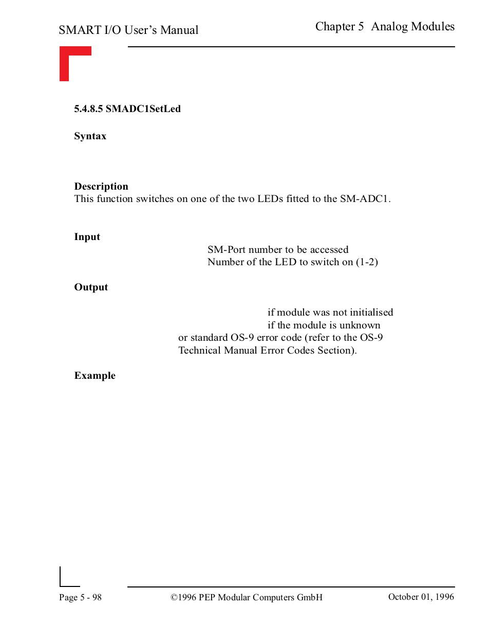 5 smadc1setled, 5 smadc1setled -98, Smart i/o user’s manual | Chapter 5 analog modules | Pepper Computer Modular Computers RS485 User Manual | Page 254 / 320