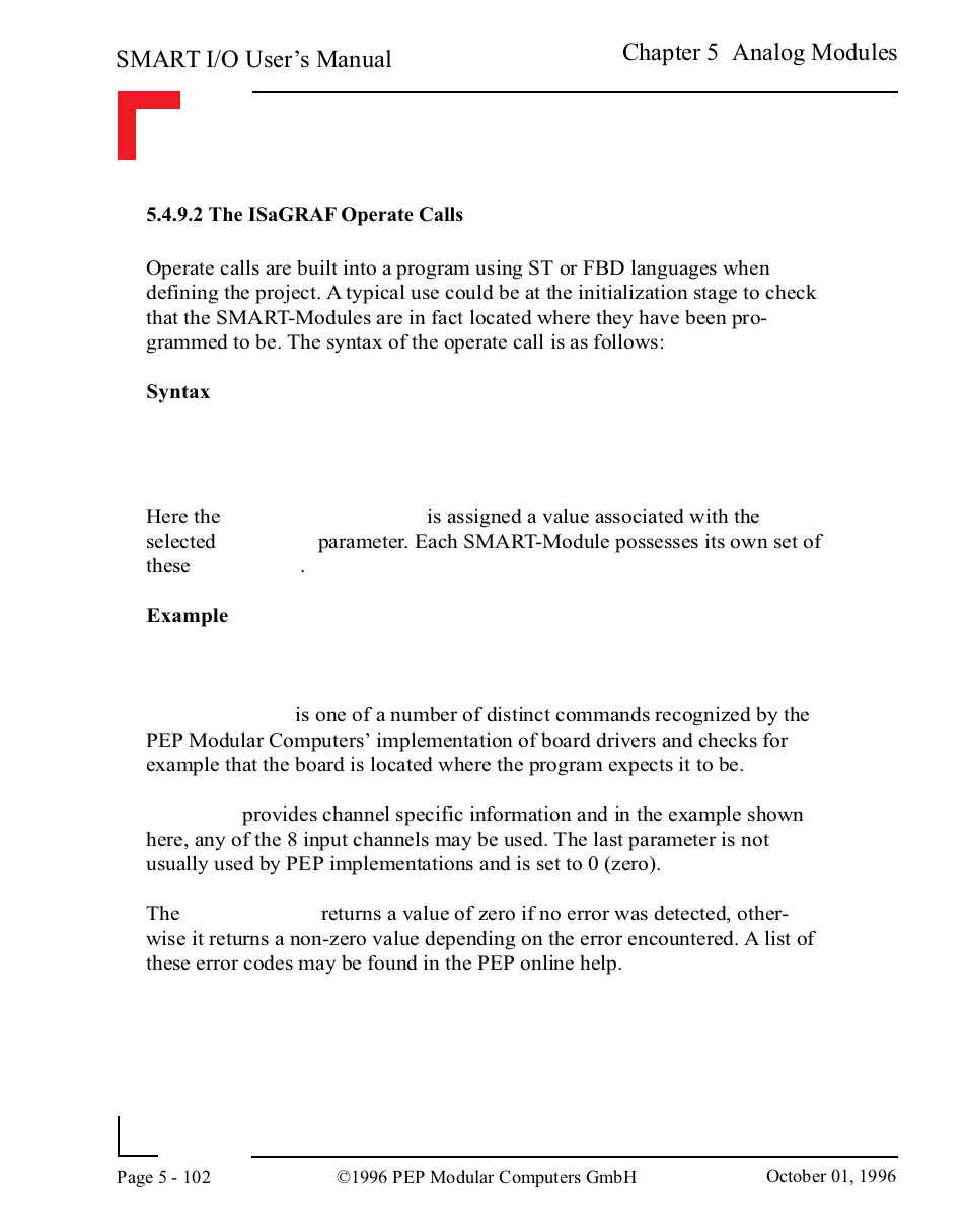 2 the isagraf operate calls, 2 the isagraf operate calls -102, Smart i/o user’s manual | Chapter 5 analog modules | Pepper Computer Modular Computers RS485 User Manual | Page 258 / 320