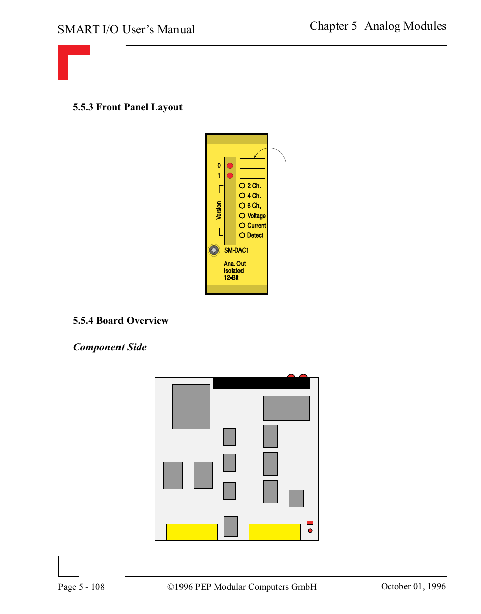 3 front panel layout, 4 board overview, 3 front panel layout -108 | 4 board overview -108, Smart i/o user’s manual, Chapter 5 analog modules | Pepper Computer Modular Computers RS485 User Manual | Page 264 / 320