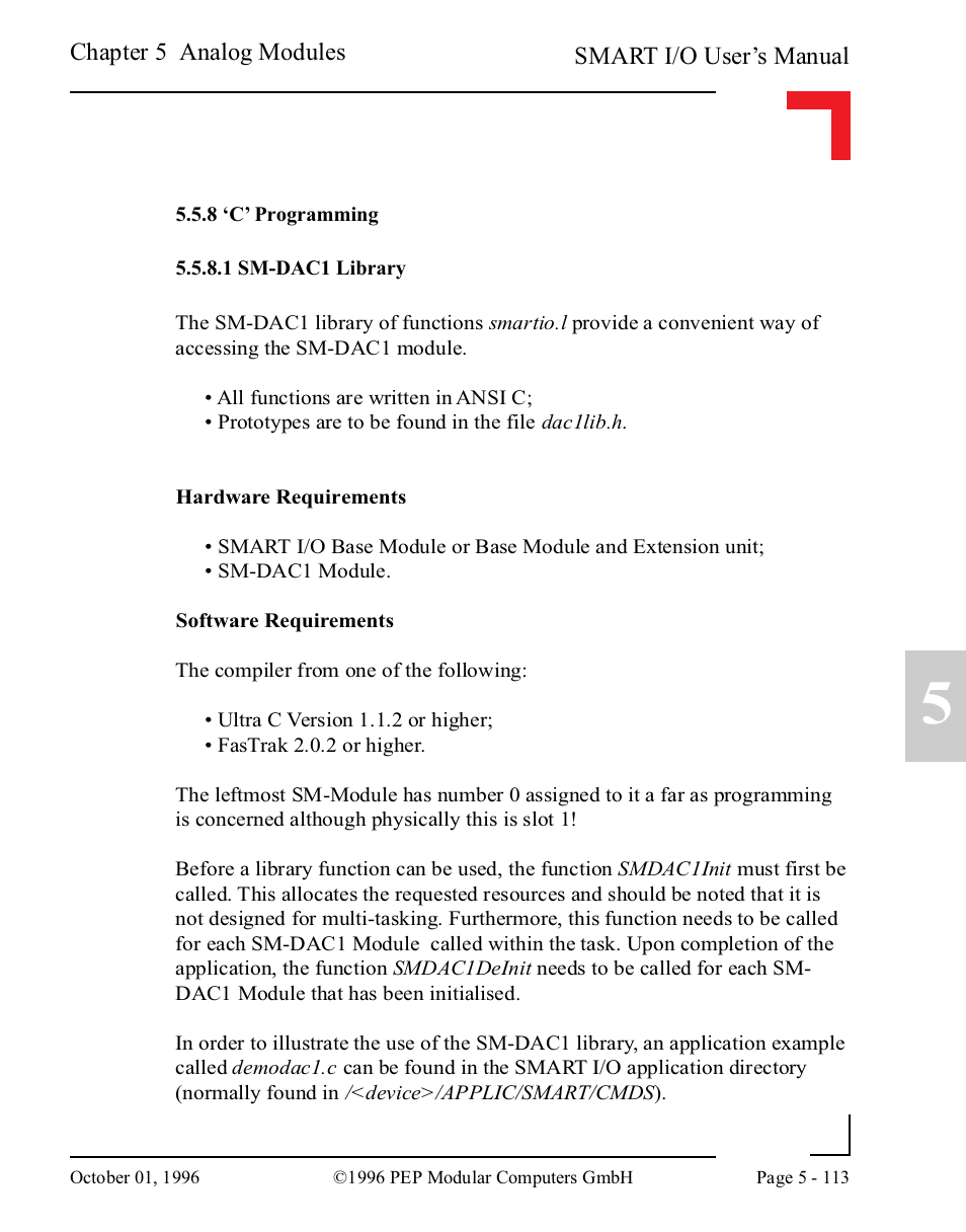 8 ‘c’ programming, 1 sm-dac1 library, 8 ‘c’ programming -113 | 1 sm-dac1 library -113 | Pepper Computer Modular Computers RS485 User Manual | Page 269 / 320