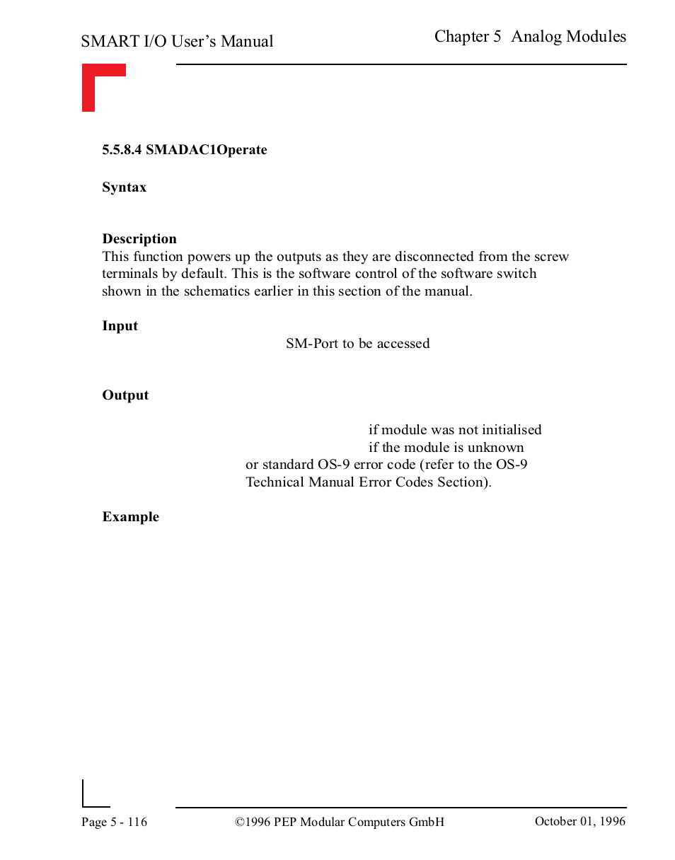 4 smadac1operate, 4 smadac1operate -116, Smart i/o user’s manual | Chapter 5 analog modules | Pepper Computer Modular Computers RS485 User Manual | Page 272 / 320