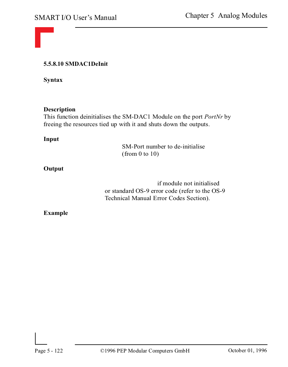 10 smdac1deinit, 10 smdac1deinit -122, Smart i/o user’s manual | Chapter 5 analog modules | Pepper Computer Modular Computers RS485 User Manual | Page 278 / 320
