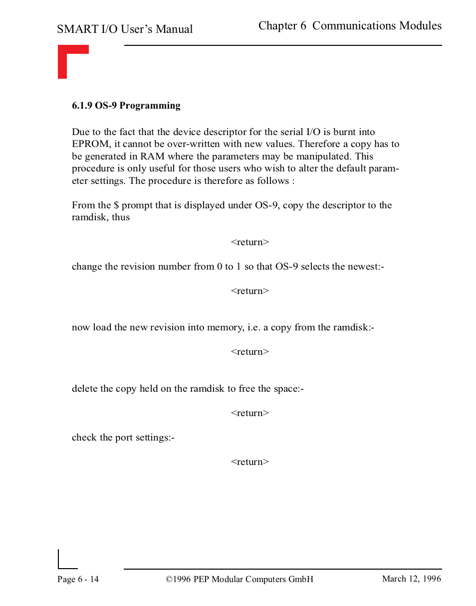 9 os-9 programming, 9 os-9 programming -14, Smart i/o user’s manual | Chapter 6 communications modules | Pepper Computer Modular Computers RS485 User Manual | Page 296 / 320