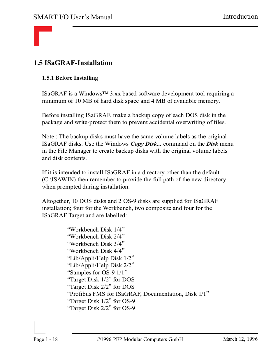 5 isagraf-installation, 1 before installing, 5 isagraf-installation -18 | 1 before installing -18, Smart i/o user’s manual, Introduction 1.5 isagraf-installation | Pepper Computer Modular Computers RS485 User Manual | Page 30 / 320