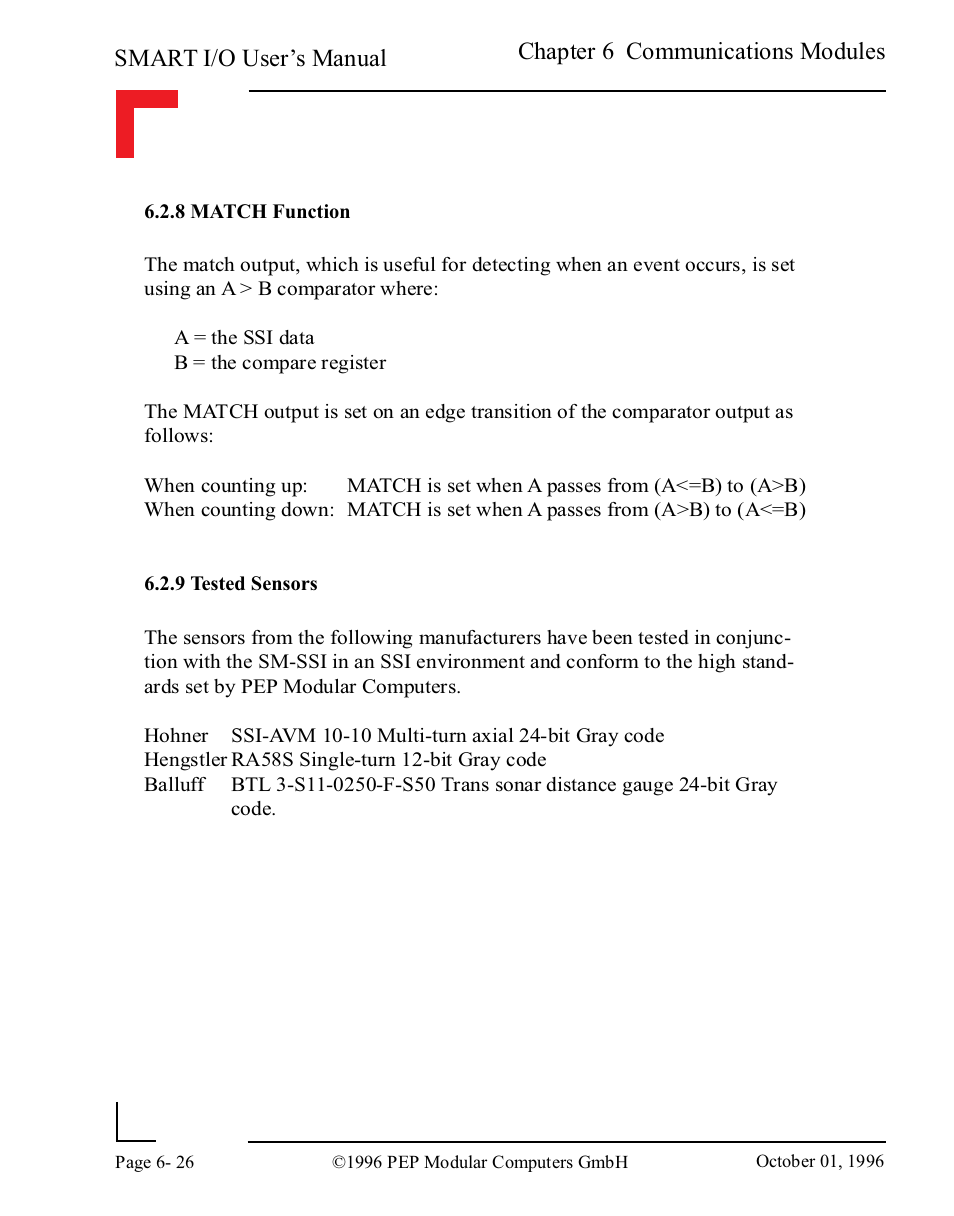 8 match function, 9 tested sensors, 8 match function -26 | 9 tested sensors -26, Smart i/o user’s manual, Chapter 6 communications modules | Pepper Computer Modular Computers RS485 User Manual | Page 308 / 320