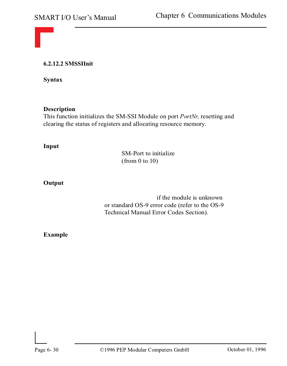 2 smssiinit, 2 smssiinit -30, Smart i/o user’s manual | Chapter 6 communications modules | Pepper Computer Modular Computers RS485 User Manual | Page 312 / 320