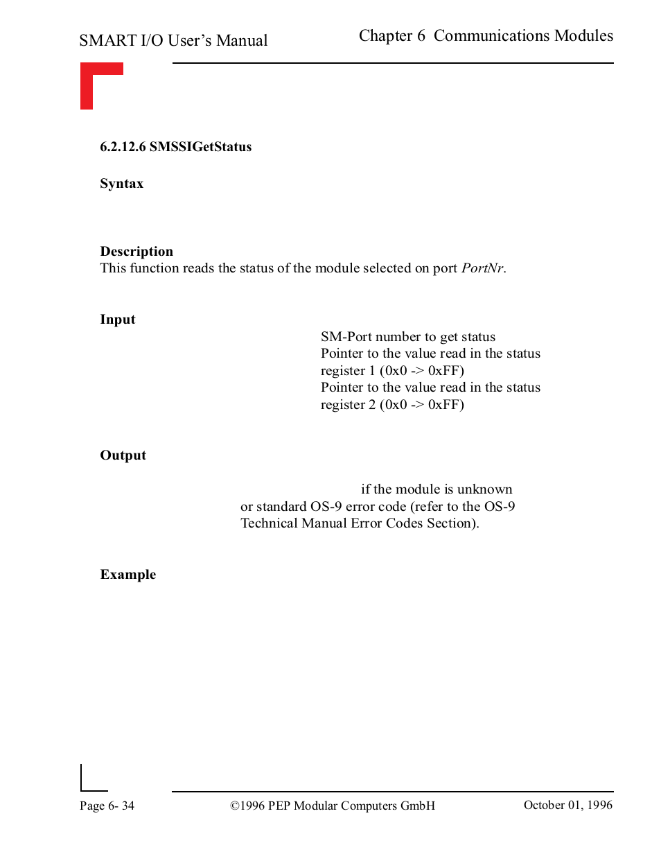 6 smssigetstatus, 6 smssigetstatus -34, Smart i/o user’s manual | Chapter 6 communications modules | Pepper Computer Modular Computers RS485 User Manual | Page 316 / 320