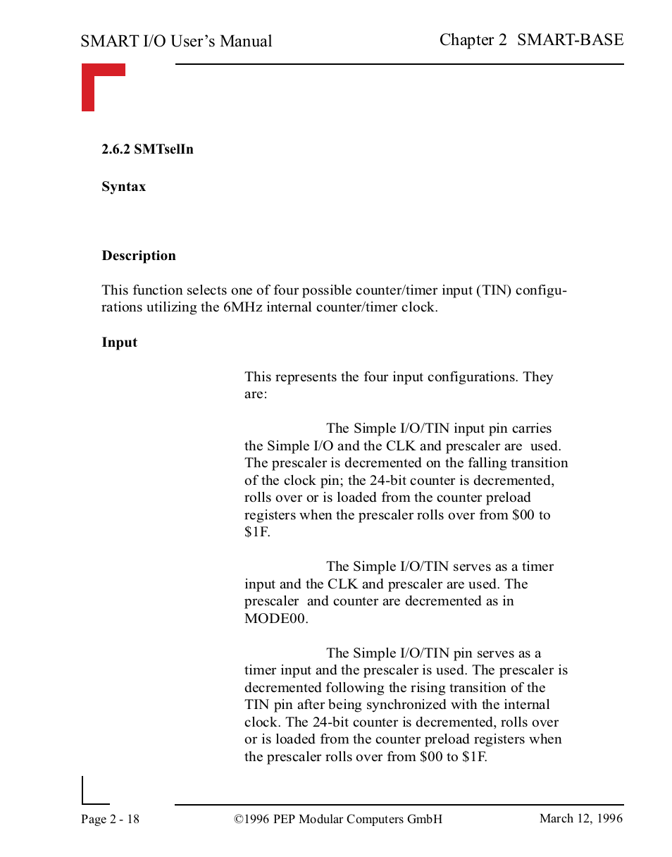 2 smtselin, 2 smtselin -18, Smart i/o user’s manual | Chapter 2 smart-base | Pepper Computer Modular Computers RS485 User Manual | Page 58 / 320