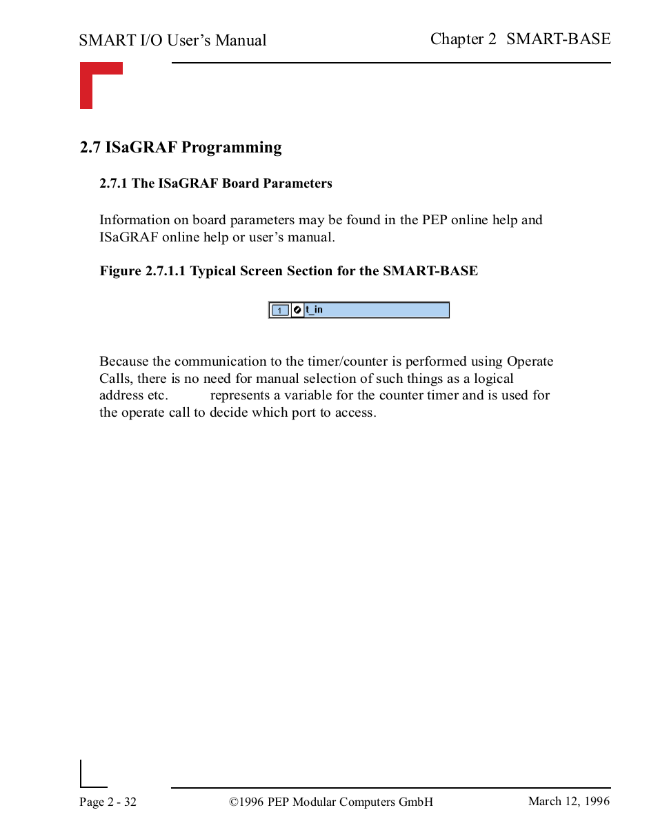 7 isagraf programming, 1 the isagraf board parameters, 7 isagraf programming -32 | 1 the isagraf board parameters -32, Smart i/o user’s manual, Chapter 2 smart-base 2.7 isagraf programming | Pepper Computer Modular Computers RS485 User Manual | Page 72 / 320