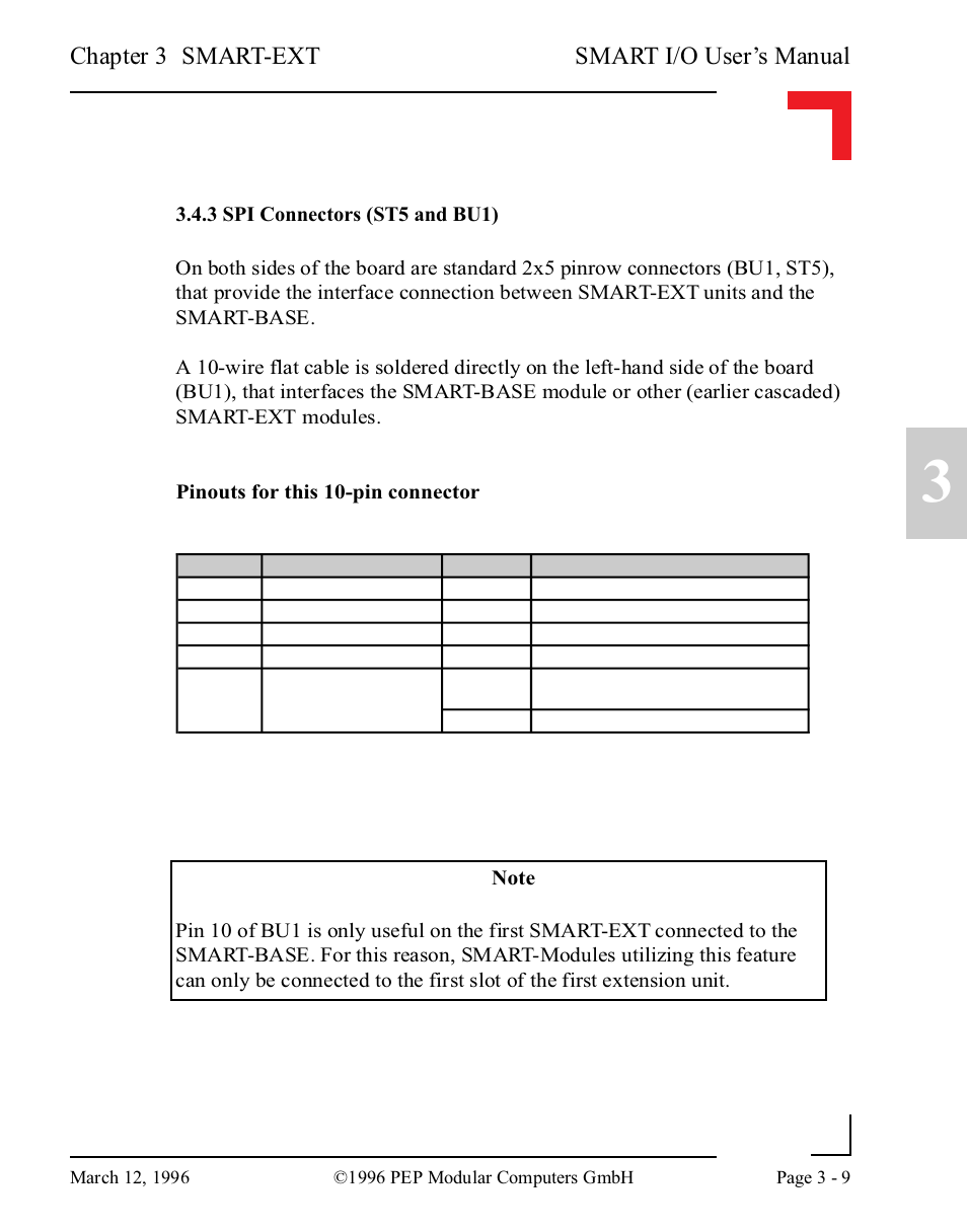 3 spi connectors (st5 and bu1), 3 spi connectors (st5 and bu1) -9, Smart i/o user’s manual | Chapter 3 smart-ext | Pepper Computer Modular Computers RS485 User Manual | Page 87 / 320