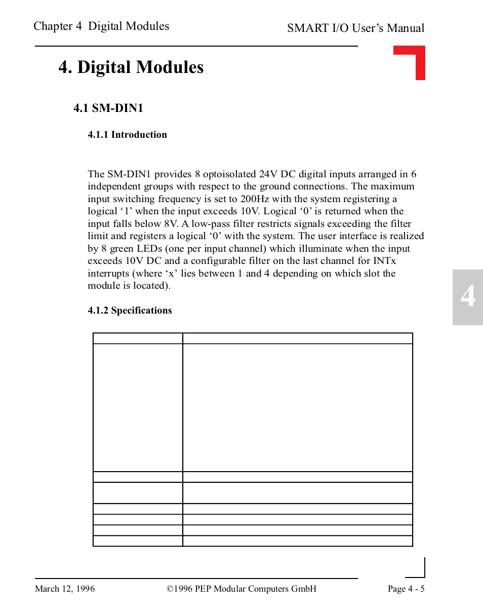 Digital modules, 1 sm-din1, 1 introduction | 2 specifications, Smart i/o user’s manual, Chapter 4 digital modules | Pepper Computer Modular Computers RS485 User Manual | Page 93 / 320