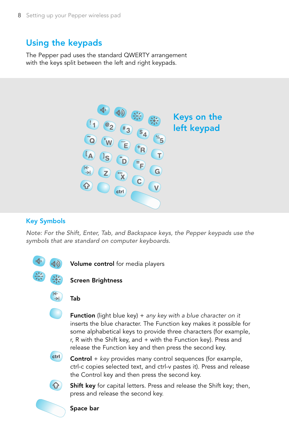 Using the keypads, Keys on the left keypad | Pepper Computer Wireless Pad User Manual | Page 10 / 28