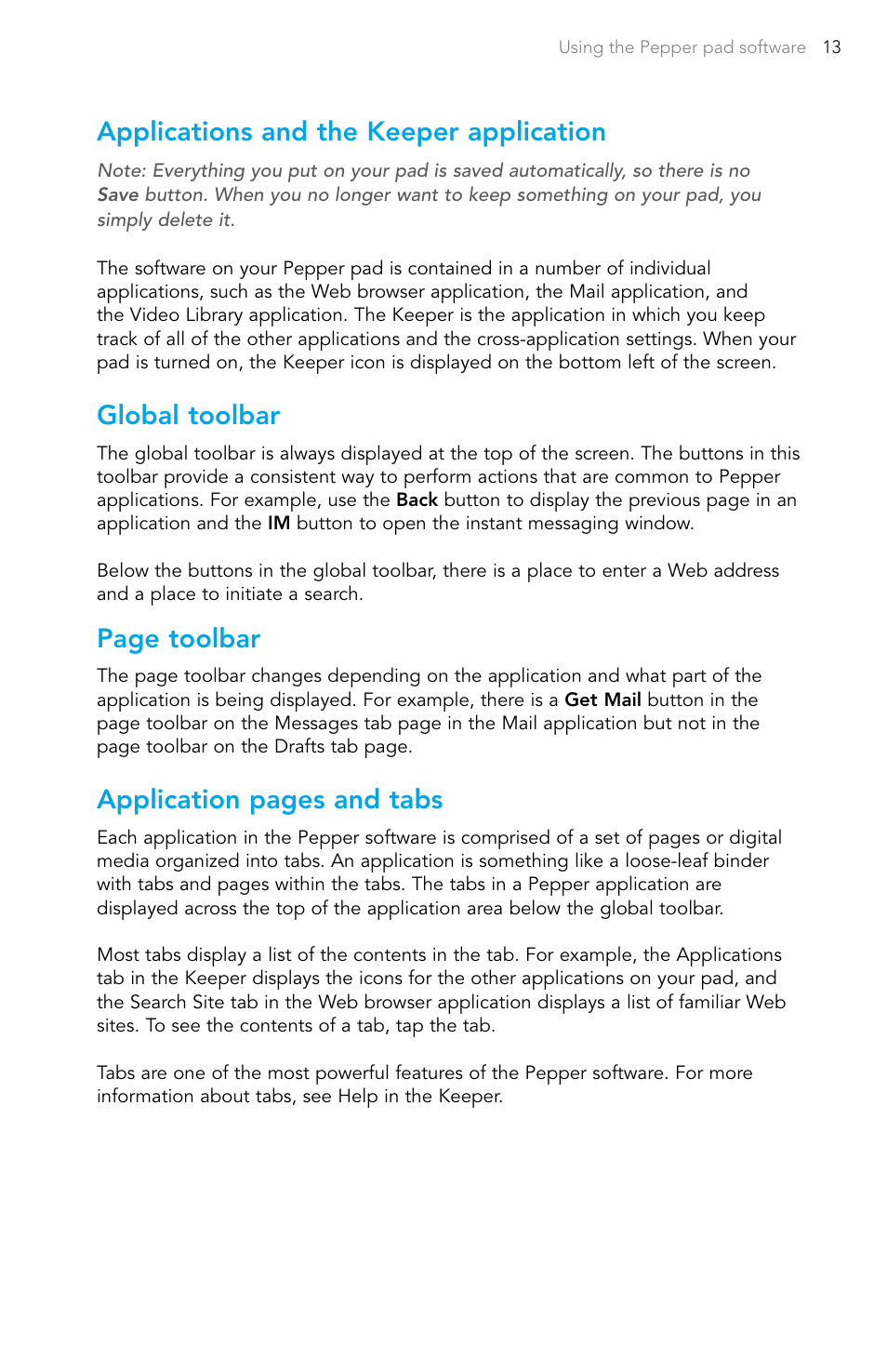Applications and the keeper application, Global toolbar, Page toolbar | Application pages and tabs | Pepper Computer Wireless Pad User Manual | Page 15 / 28