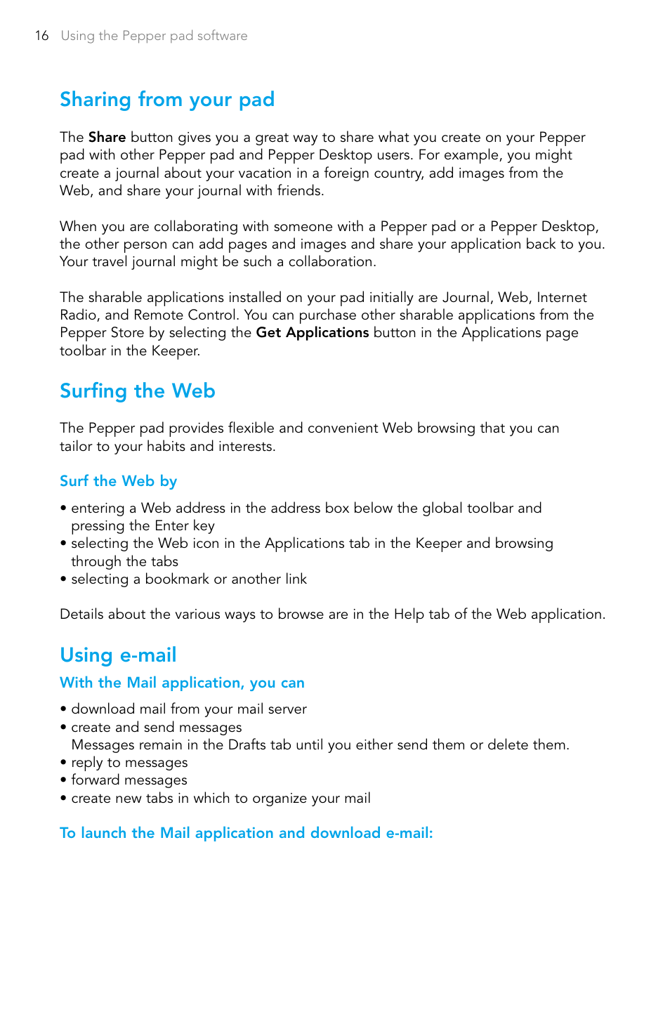 Sharing from your pad, Surfing the web, Using e-mail | Pepper Computer Wireless Pad User Manual | Page 18 / 28