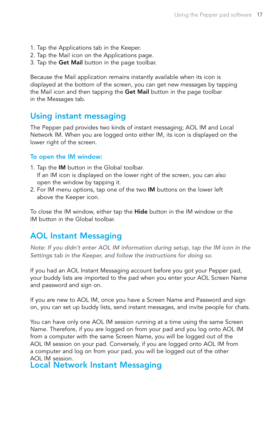 Using instant messaging, Aol instant messaging, Local network instant messaging | Pepper Computer Wireless Pad User Manual | Page 19 / 28