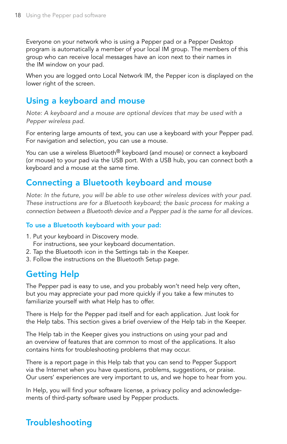 Using a keyboard and mouse, Connecting a bluetooth keyboard and mouse, Getting help | Troubleshooting | Pepper Computer Wireless Pad User Manual | Page 20 / 28